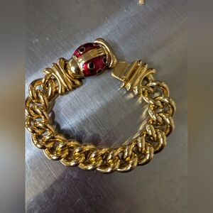 Joan Rivers Chain Bracelet with Red Ladybug As The Clasp Gold Tone
